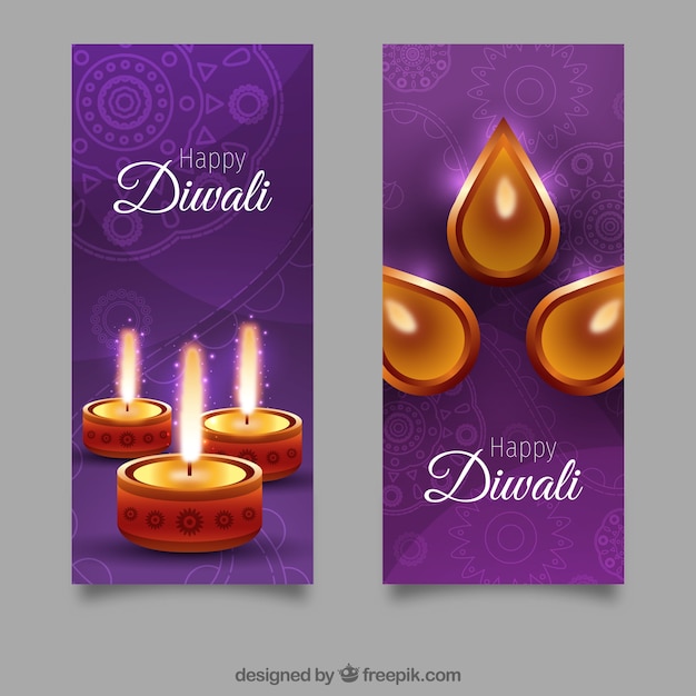 Free vector purple banners with beautiful oil lamps