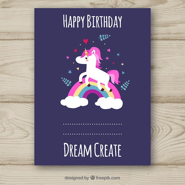 Vettore gratuito scheda di compleanno viola con unicorno