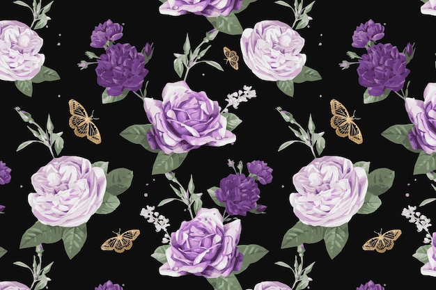 Purple cabbage roses  and butterfly watercolor pattern