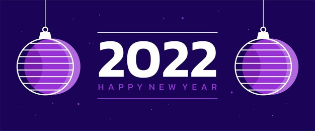 Purple color background with hanging christmas balls happy new year 2022 banner design vector