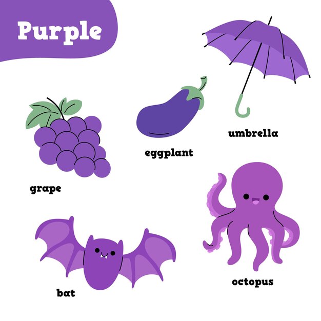 Purple elements set with english words