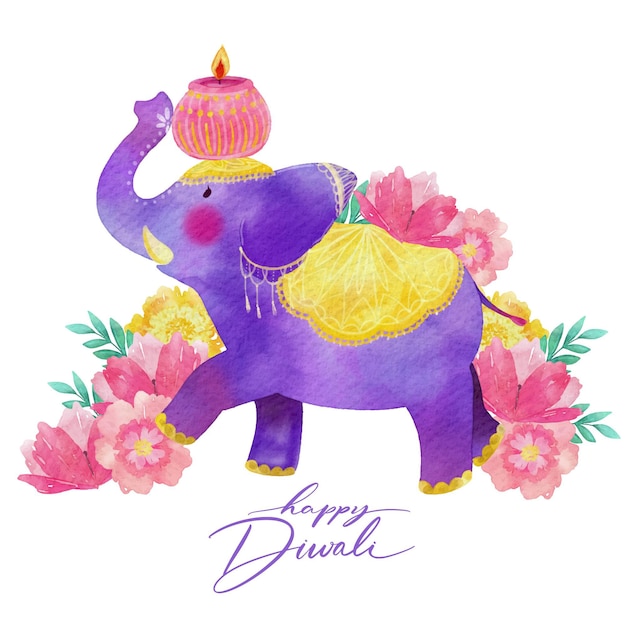 Vettore gratuito diwali di disegno dell'acquerello dell'elefante viola