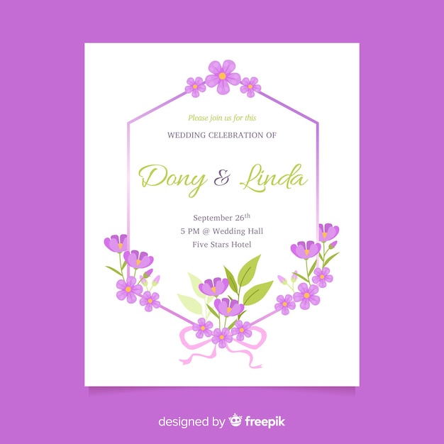 Purple floral wedding invitation template in flat design