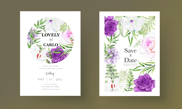 purple flower and leaves wedding invitation card template