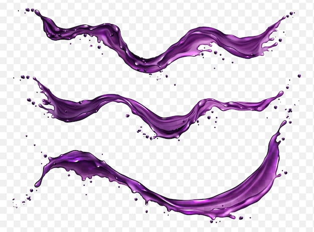 Бесплатное векторное изображение Фиолетовый виноградный сок всплеск вектор ягоды капли воды изолированная реалистичная черничный коктейль напиток волна потока свекла или ежевика фиолетовый сладкий сочный поток иллюстрации шаблон для рекламы