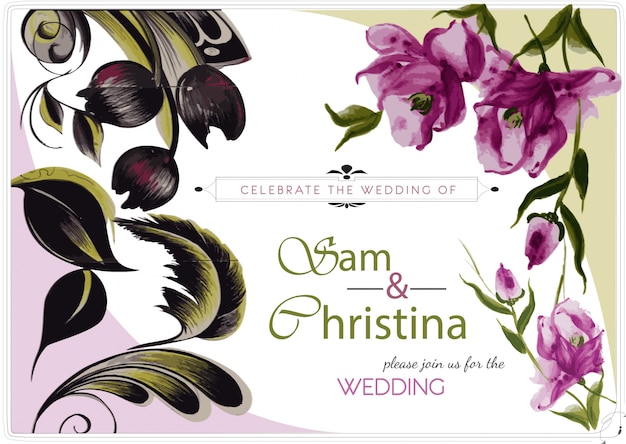 Purple and green floral wedding invitation