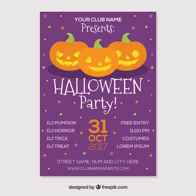 Purple halloween party poster with three pumpkins