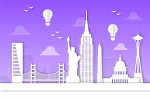 Free vector purple landmarks skyline in paper style