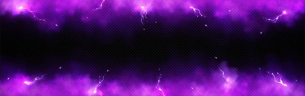 Purple lightning and smoke effect frame background 3d abstract thunder glow cloud border design element isolated glowing thunderbolt impact overlay with fluffy texture transculent fog with sparkle