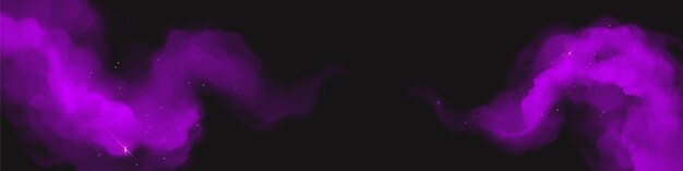 Фиолетовая волшебная пыль с блестками, блестящая кривая, порошковые облака, краски Холи, горизонтальный шаблон баннера, фиолетовые цветные брызги на черном фоне, взрыв облака, реалистичный дизайн, 3d векторная иллюстрация