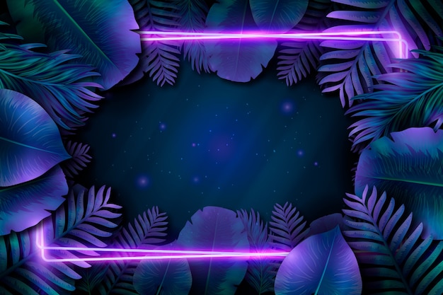 Purple neon frame with leaves