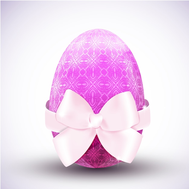 Free vector purple patterned happy easter egg icon with big silken ribbon bow realistic vector illustration