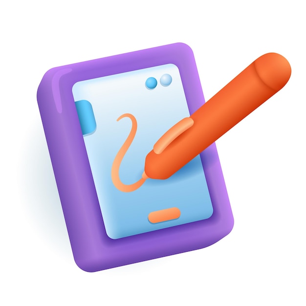 Free vector purple phone or tablet with orange stylus 3d illustration. drawing of tablet and digital pen for graphic designers in 3d style on white background. technology, entertainment, graphic design concept