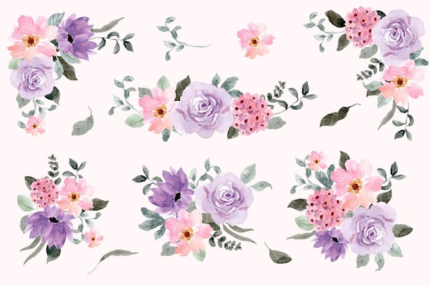 Free vector purple pink floral watercolor arrangements