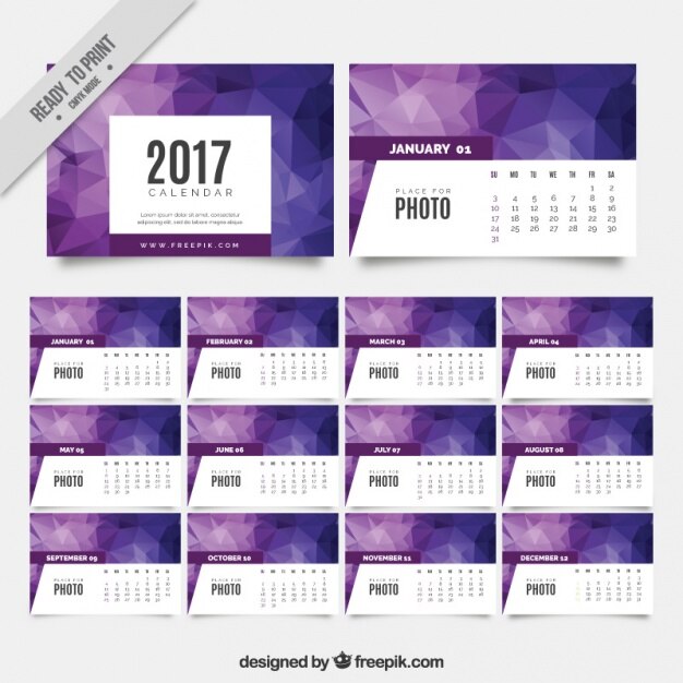 Бесплатный Вектор фиолетовый многоугольной календарь 2017