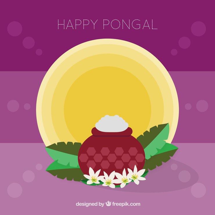 मुफ़्त वेक्टर purple pongal background with decorative pot and round shapes