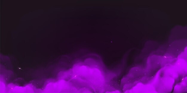 Purple powder clouds texture Abstract effect of color mist or smog with glitter particles Vector realistic illustration of violet steam magic dust splash with sparkles on black background