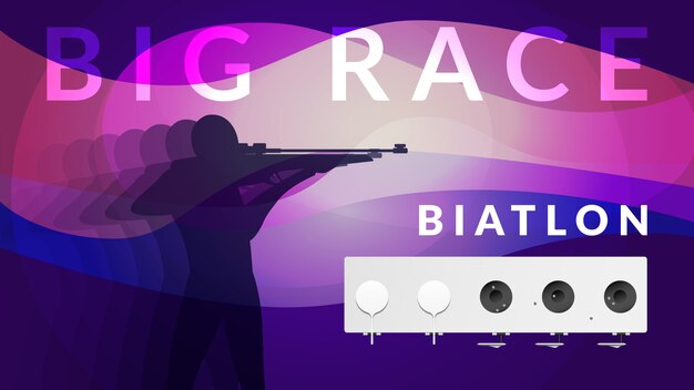 Purple realistic biathlon sport composition with athlete silhouette and big race headline