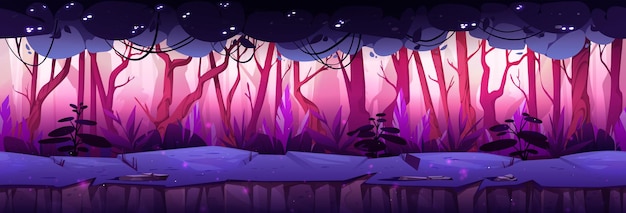 Бесплатное векторное изображение Фиолетовый бесшовный лесной пейзаж игровой фон фэнтези джунгли природа окружающая среда сцена для загадочной сказочной анимации дикое темное лето лесной бегун пейзаж для приключенческой видеоигры