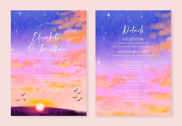 Purple starry sunset sky watercolor wedding invitation