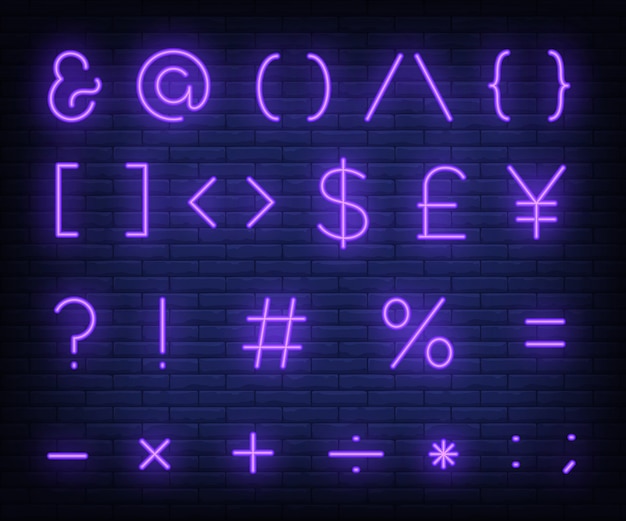 Бесплатное векторное изображение Фиолетовый текстовые символы неоновая вывеска