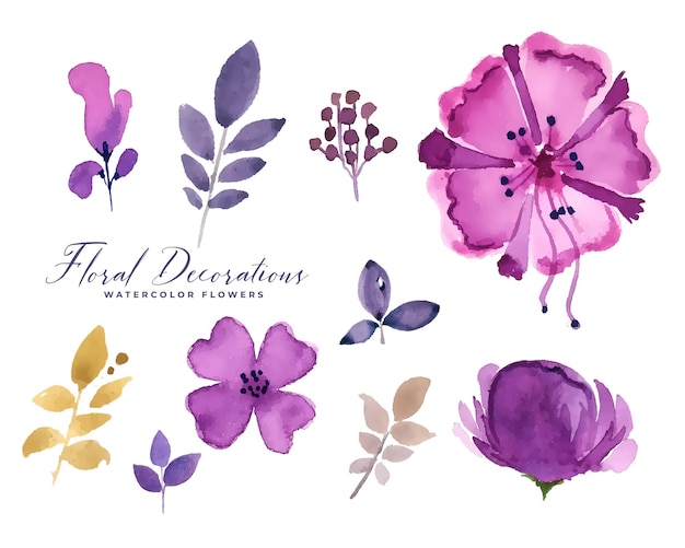 Purple watercolor flower decoration set