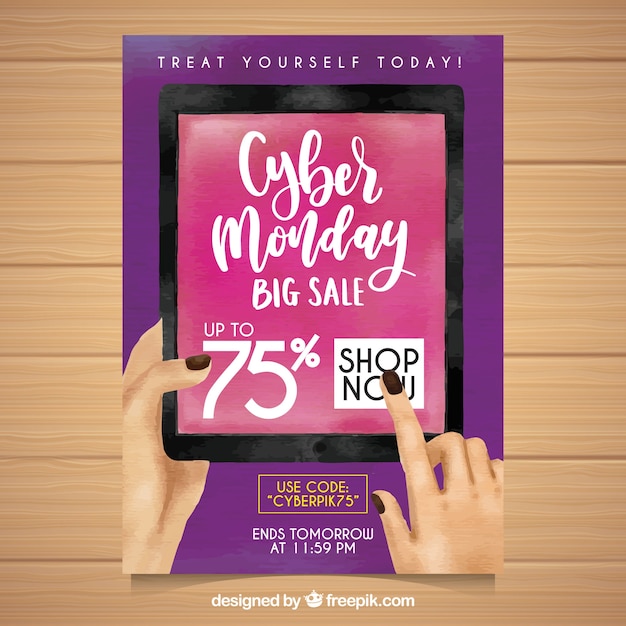 Purple watercolor poster for cyber monday