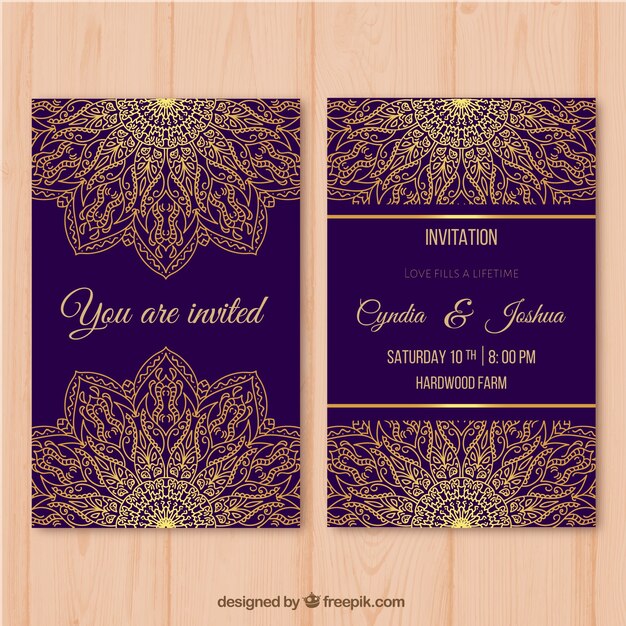 Purple wedding card with golden mandala