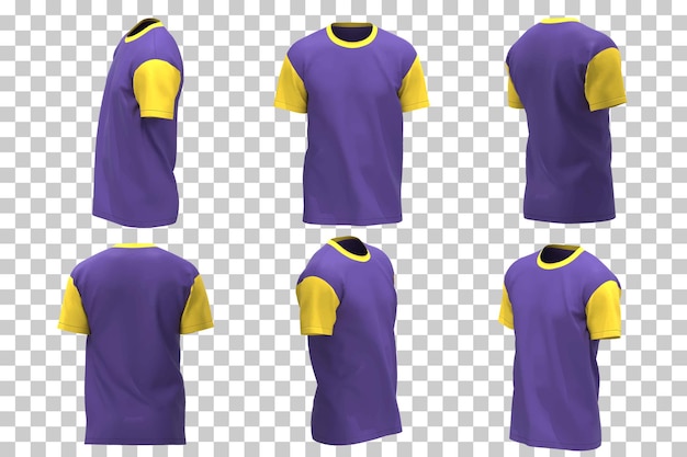 Vettore gratuito t-shirt da uomo giallo viola in diverse viste mockup