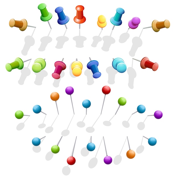 Набор векторных штифтов. Канцелярский объект, пластиковый элемент, иллюстрация прихватки и иглы