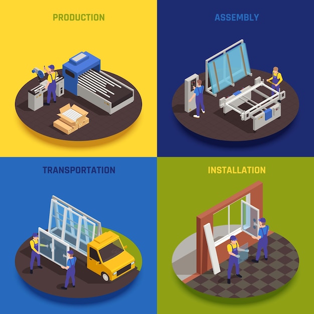 Pvc glass window production concept 4 isometric illustration