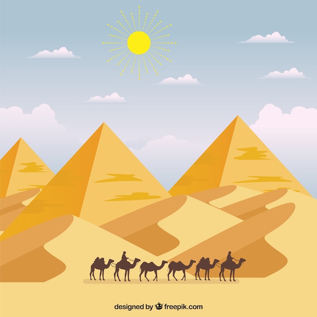 Pyramid landscape with caravan