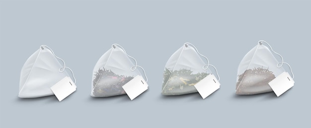 Чайные пакетики в форме пирамиды с листьями и зеленью