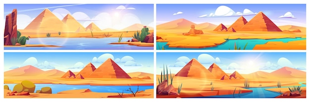 Pyramid and sphinx in egypt desert oasis vector landscape background ancient nile river scene drawing banner set arabic archeology wild cactus and lake cartoon illustration with great stone tomb