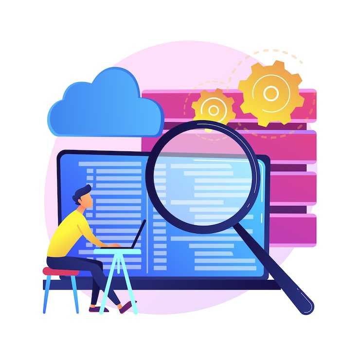 Free Vector qa tester. developmental kit. analyzing binary code. close inspection, coding, checking open script. website administration. reaffirming quality.  isolated concept metaphor illustration.