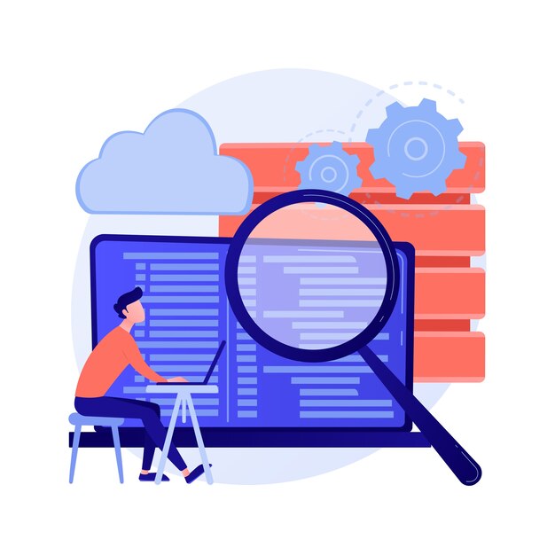 QA tester. Developmental kit. Analyzing binary code. Close inspection, coding, checking open script. Website administration. Reaffirming quality. Vector isolated concept metaphor illustration.