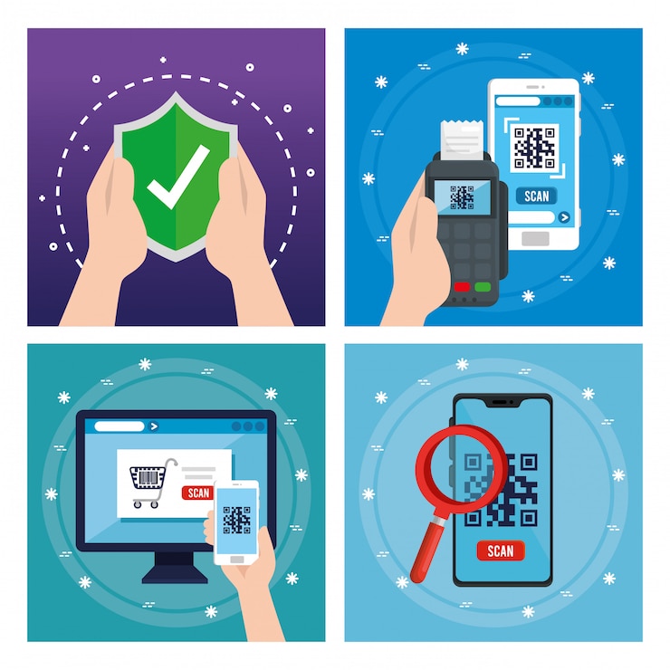 Free Vector qr code inside smartphone computer dataphone and shield vector design