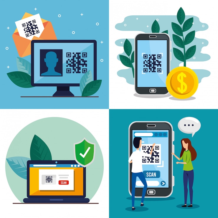 Free Vector qr code inside smartphone computer laptop woman and man vector design