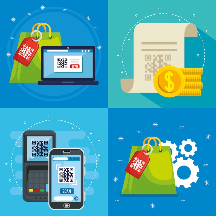 Free Vector qr code inside smartphone dataphone laptop receipt and bag vector design