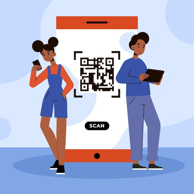 Free vector qr code scanning concept illustration with characters