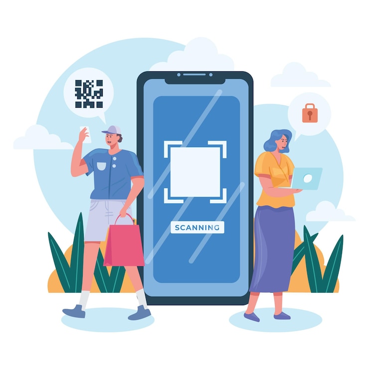 Free Vector qr code scanning concept with characters illustrated