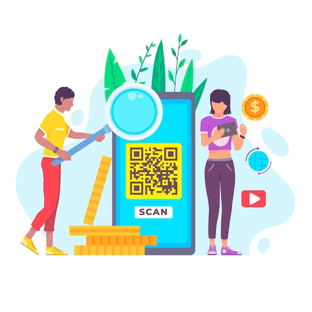 Free vector qr code scanning concept with characters