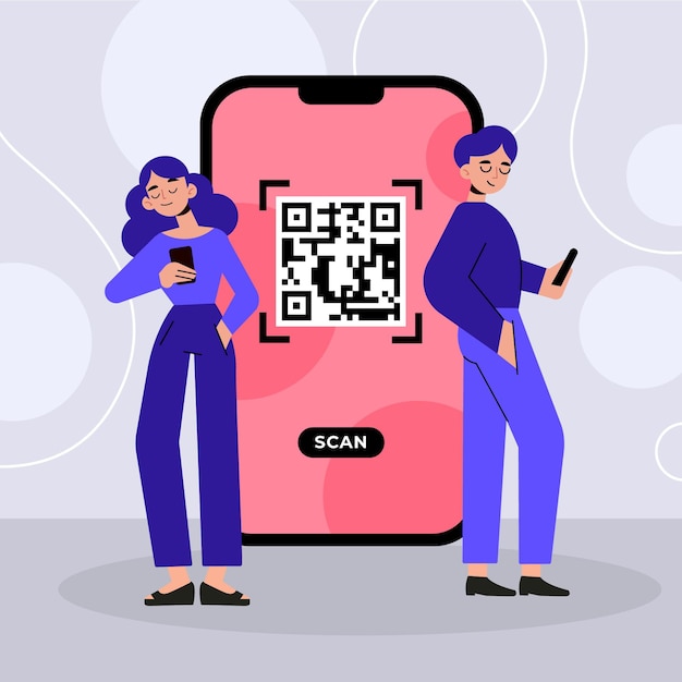 Free vector qr code scanning illustration with characters