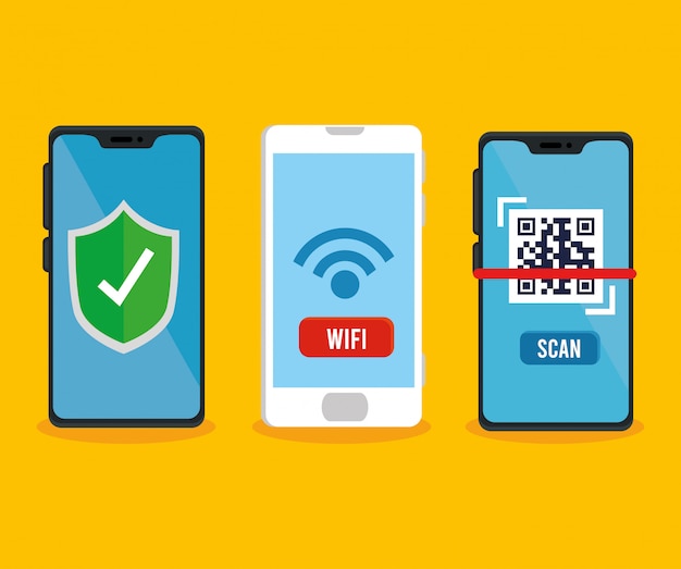 Qr код щита и wi-fi внутри смартфонов вектор дизайн