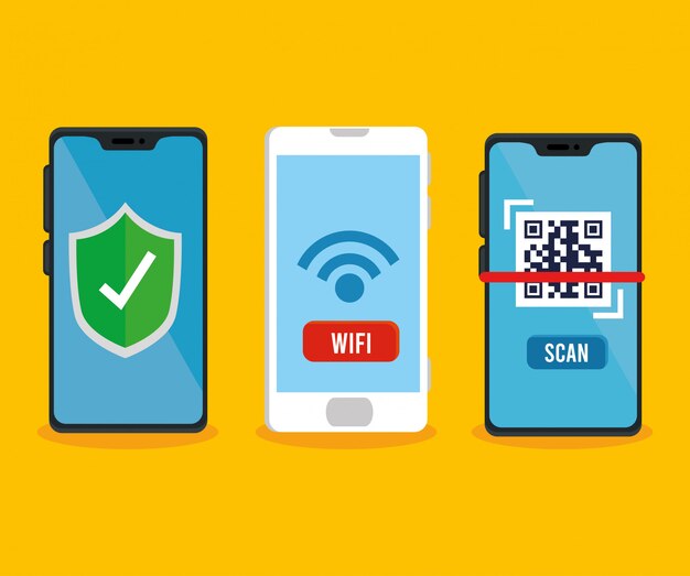 Qr code shield and wifi inside smartphones vector design