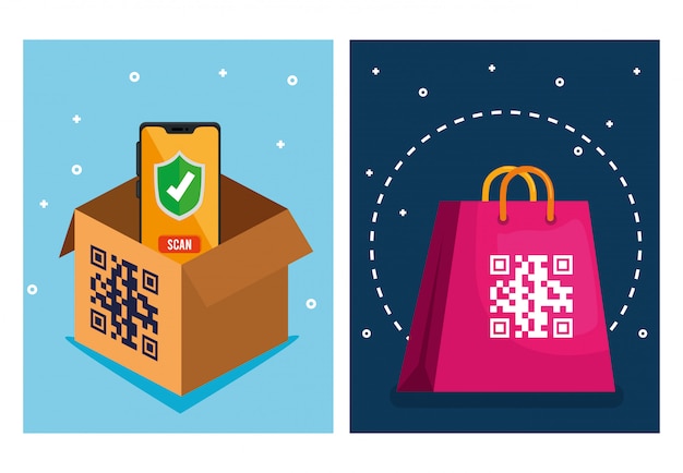 Qr code over shopping bag box and smartphone vector design
