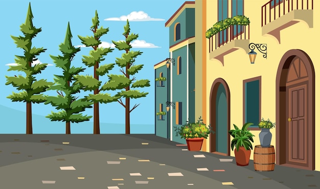 Free vector quaint european street scene illustration