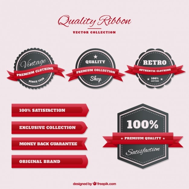 Free vector quality badges with red ribbons