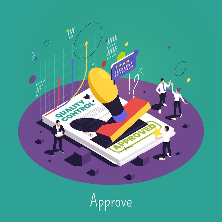 Free Vector quality control isometric abstract background with document certified by approved stamp vector illustration