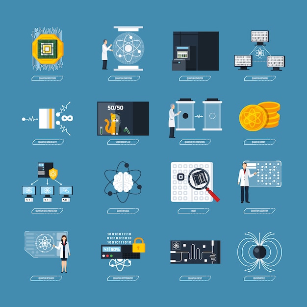 Free vector quantum computing flat icons